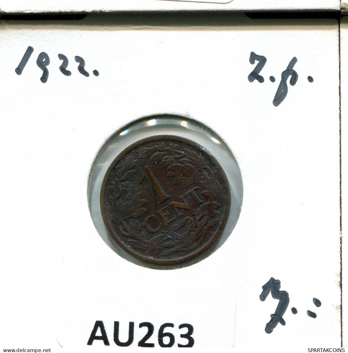 1 CENT 1922 NETHERLANDS Coin #AU263.U.A - 1 Cent