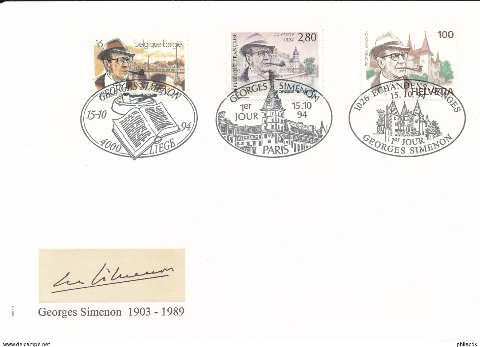 BELGIQUE - 3 TIMBRES OBLITERES AVEC CAD GEORGES SIMENON 1ER JOUR DU 15 OCTOBRE 1994 - Cartas & Documentos