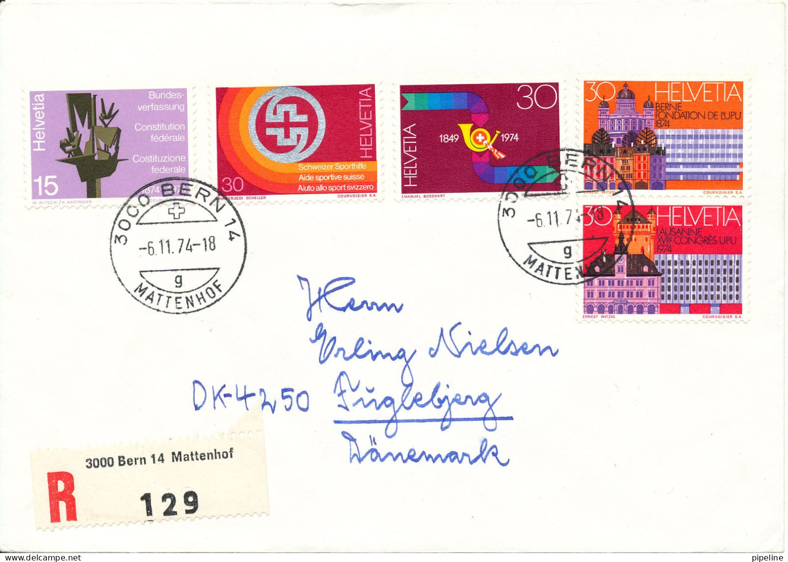 Switzerland Cover Sent To Denmark 6-11-1974 With More Topic Stamps - Brieven En Documenten