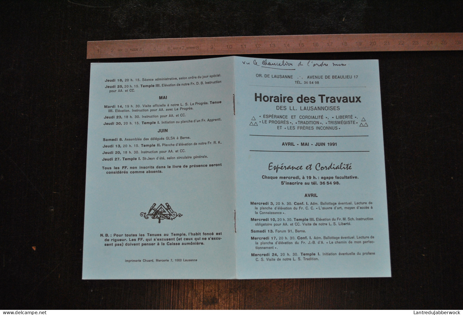 OR. De Lausanne Horaire Des Travaux Des LL. Espérance Et Cordialité Trismégiste 1991 Agenda Franc Maçon Maçonnerie - Esotérisme