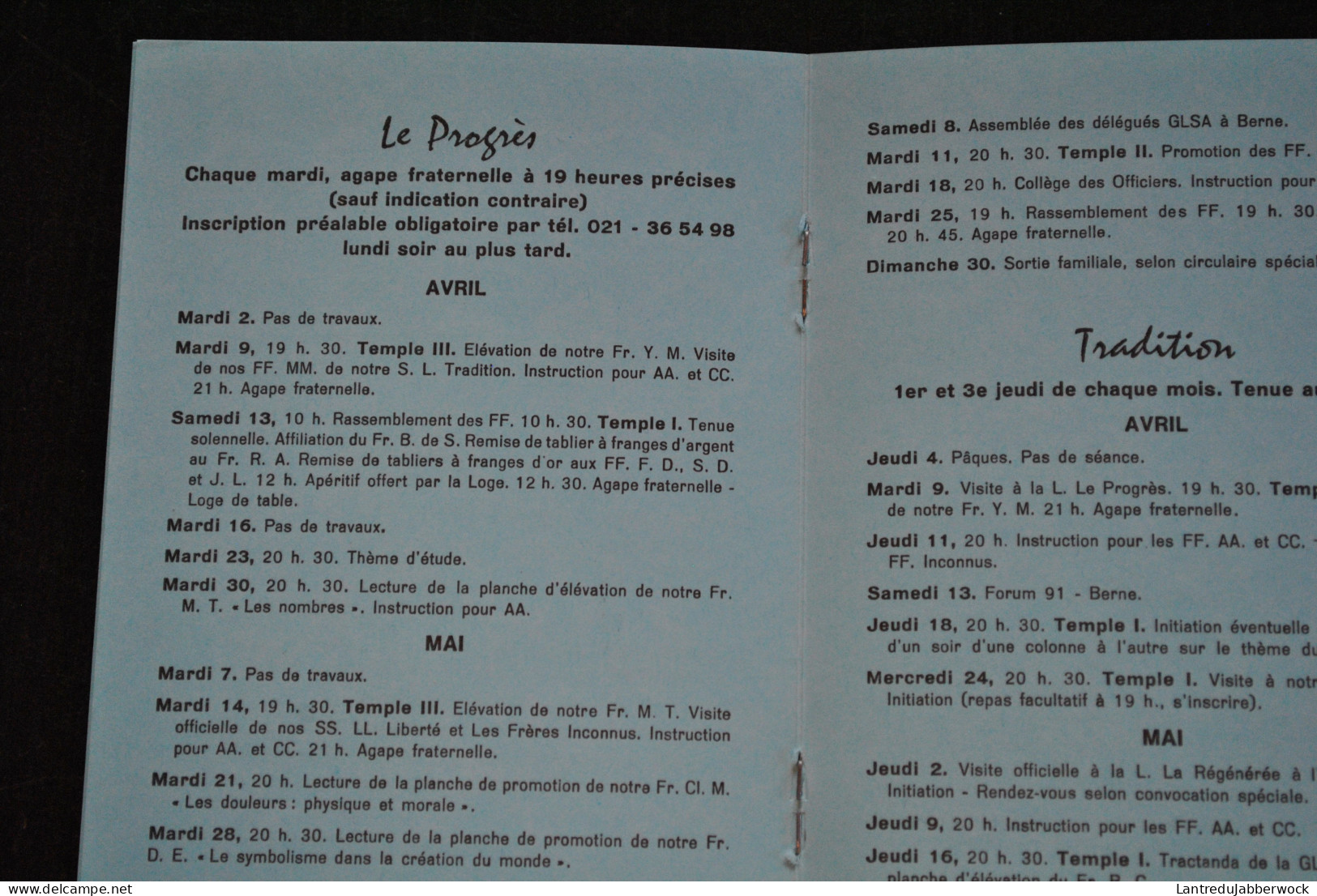 OR. De Lausanne Horaire Des Travaux Des LL. Espérance Et Cordialité Trismégiste 1991 Agenda Franc Maçon Maçonnerie - Esotérisme