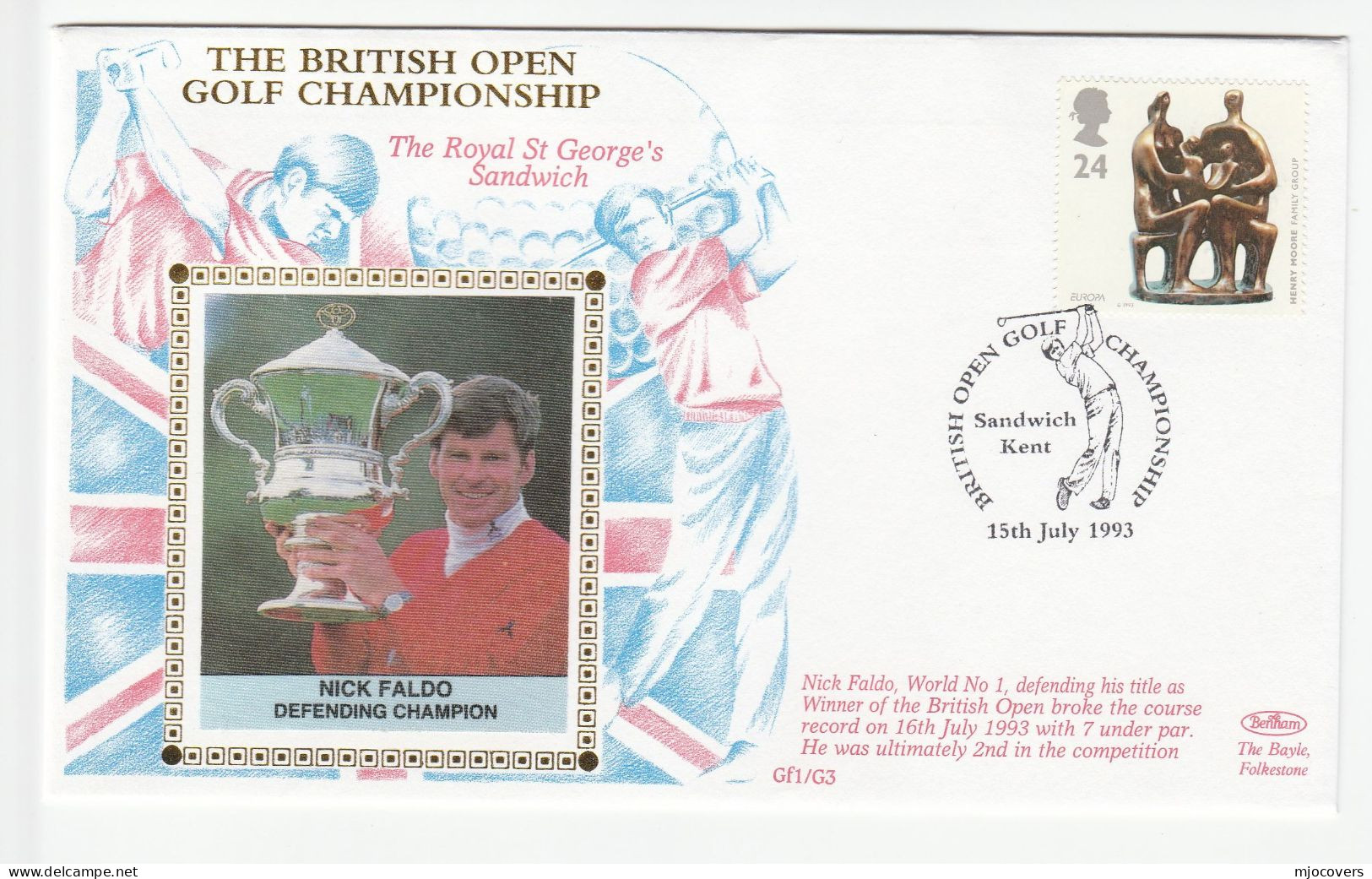 GOLF Special SILK 1993 Nick Faldo OPEN CHAMPIONSHIP Event COVER Sandwich GB Stamps Sport - Golf