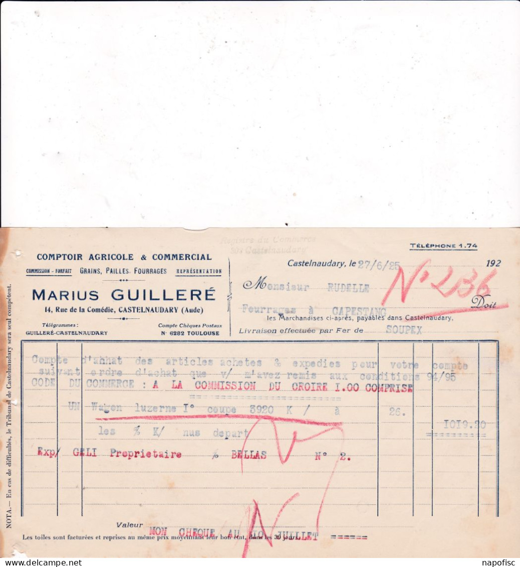11-M.Guilleré..Comptoir Agricole & Commercial ..Grains, Pailles, Fourrages.....Castelnaudary....(Aude)...1925 - Agriculture