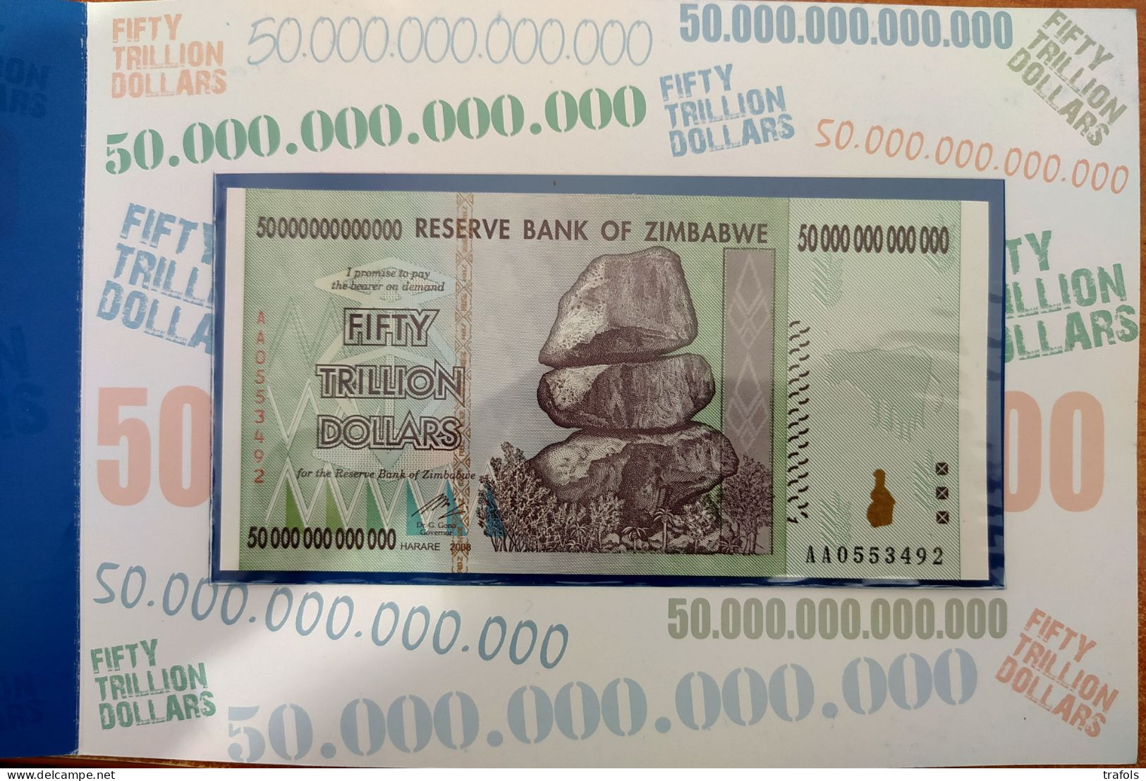 Zimbabwe - 50 Trillion Dollars 2008 - AA0 Serie P. 90 UNC In Folder - High Denomination - Best Price You Can Find! - Simbabwe