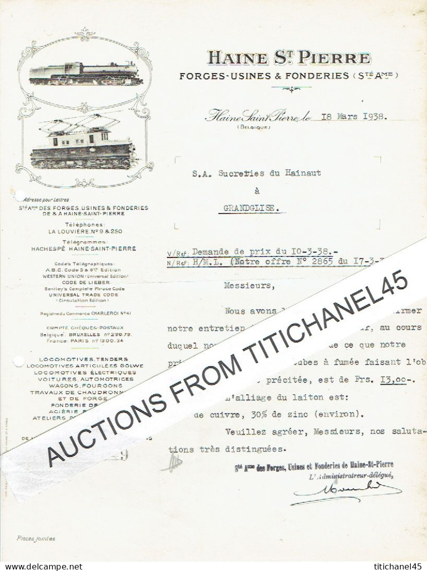 Lettre Illustrée 1938 - HAINE-SAINT-PIERRE - FORGES-USINES & FONDERIES - Locomotives, Tenders, Wagons, - Altri & Non Classificati