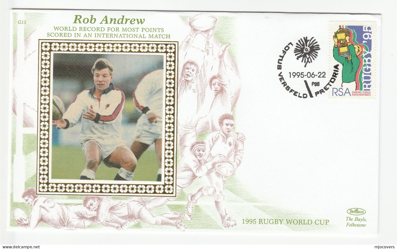 RUGBY Special SILK 1995 Rob Andrew LOFTUS WORLD CUP Event  COVER  SOUTH AFRICA  Stamps Sport - Rugby