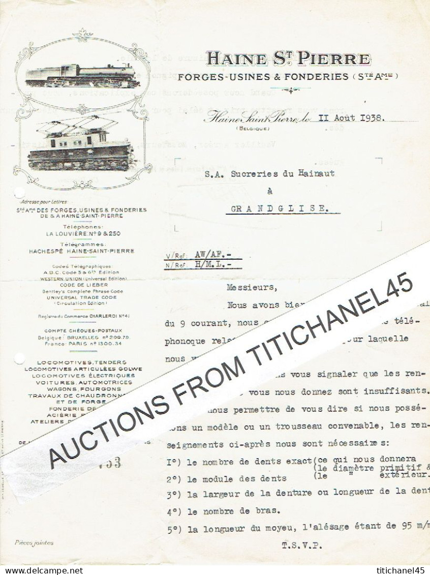 Lettre Illustrée 1938 - HAINE-SAINT-PIERRE - FORGES-USINES & FONDERIES - Locomotives, Tenders, Wagons, - Autres & Non Classés