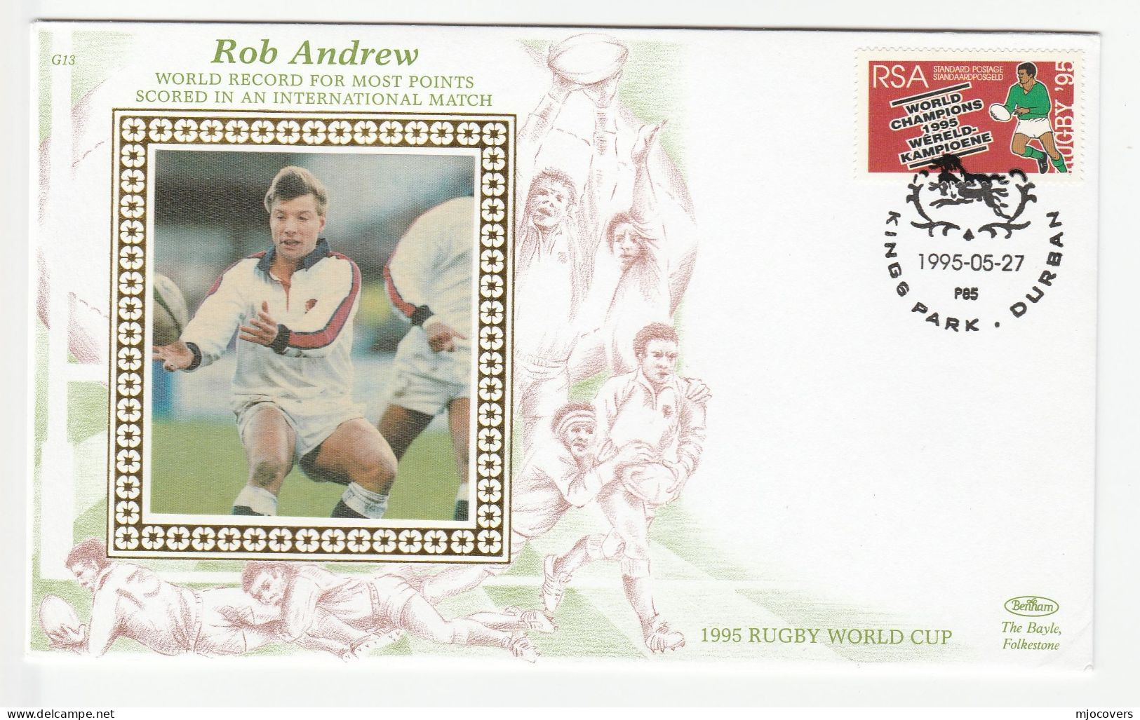 RUGBY Special SILK 1995 Rob Andrew KINGS PARK  WORLD CUP Event  COVER  SOUTH AFRICA  Stamps Sport - Rugby