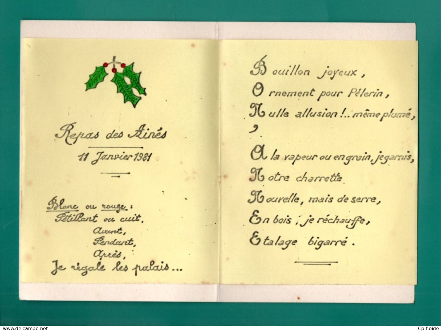 MENU . " REPAS DES AINÉS . JANVIER 1981 . PEPRODUCTION CARTE " BEAUVAIS RUE DU TILLEUL " - Réf. N°38830 - - Menu