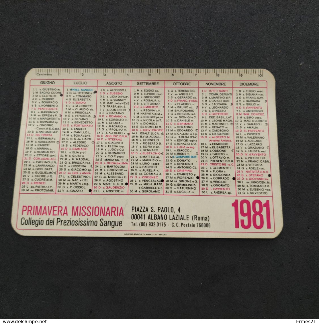 Calendarietto 1981 San Gaspare Del Bufalo. Primavera Missionaria. Condizioni Eccellenti. Plastificato. - Klein Formaat: 1981-90