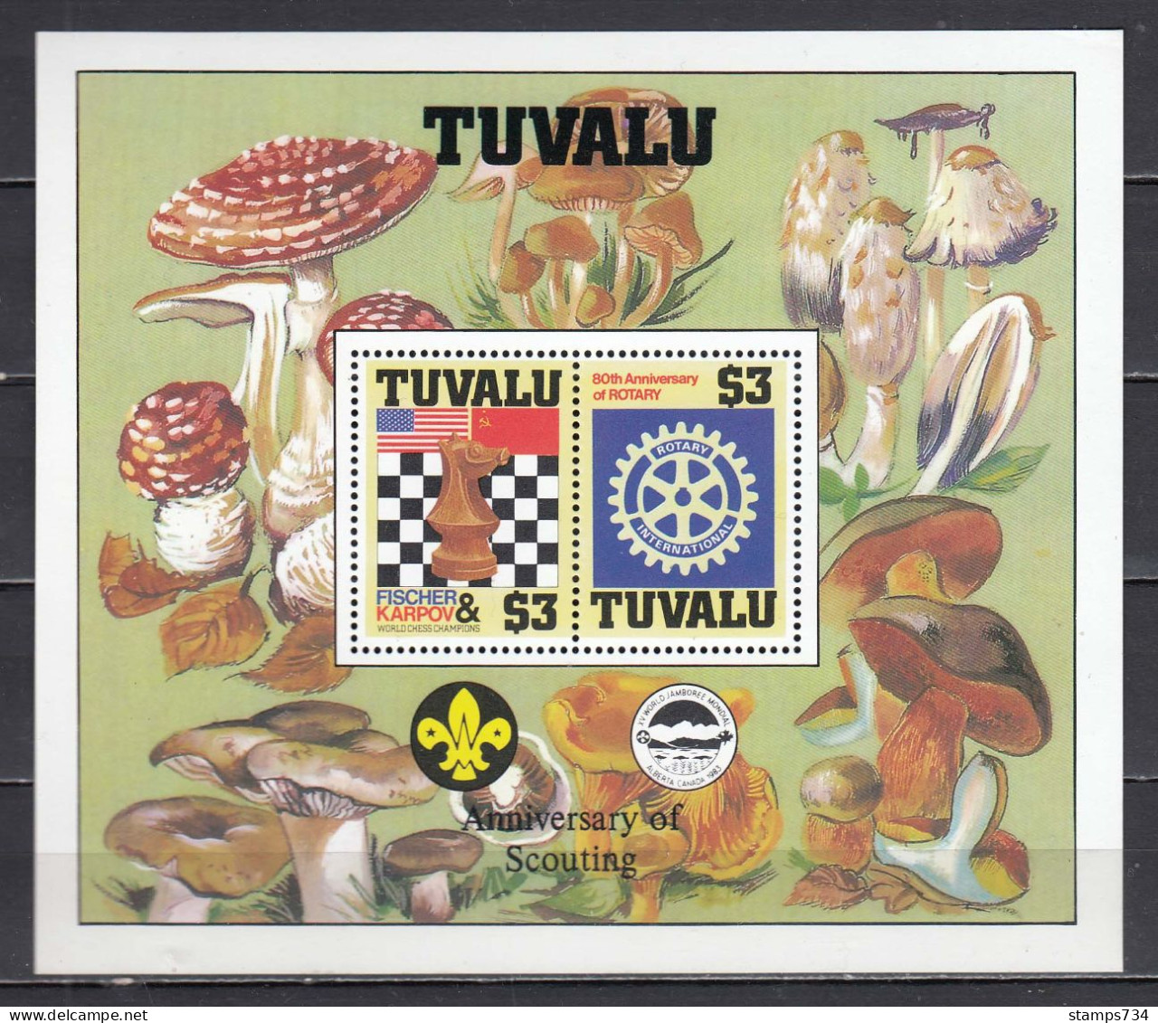 Tuvalu 1986 - Mushrooms, Chess, Scouts, Mi-Nr. Block 14II, MNH** - Funghi