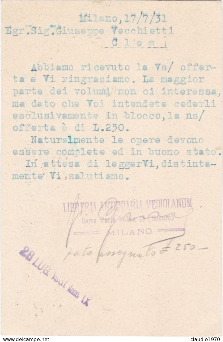 REGNO - ITALIA - MILANO - LIBRERIA ANTICA -STORIA POSTALE - CARTOLINA - VIAGGIATA PER CLES (TRENTO) 1931 - Storia Postale