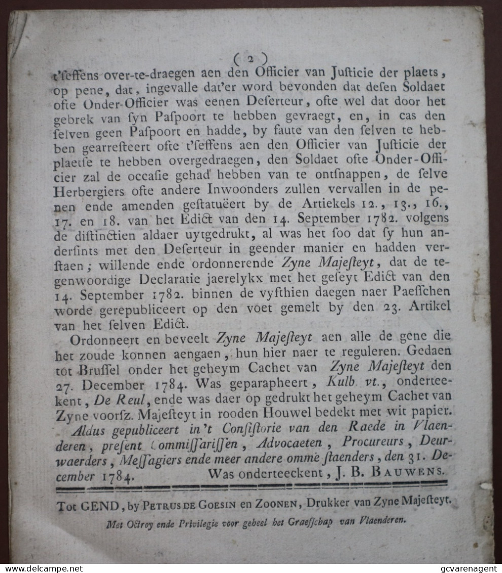 EDICT - 14 SEPT 1782 - RAEKENDE DE DESERTIE ENDE VERBERGINGE DER DESERTEURS , 10 + 2 BLZ GOEDE STAAT  23 X 19 CM  ZIE SC - Otros & Sin Clasificación