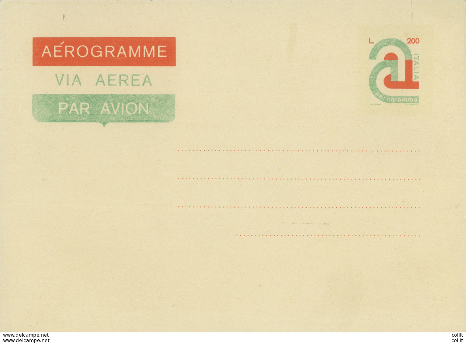 Aerogramma Lire 200 A Tricolore Stampa Del Verde Evanescente - Stamped Stationery