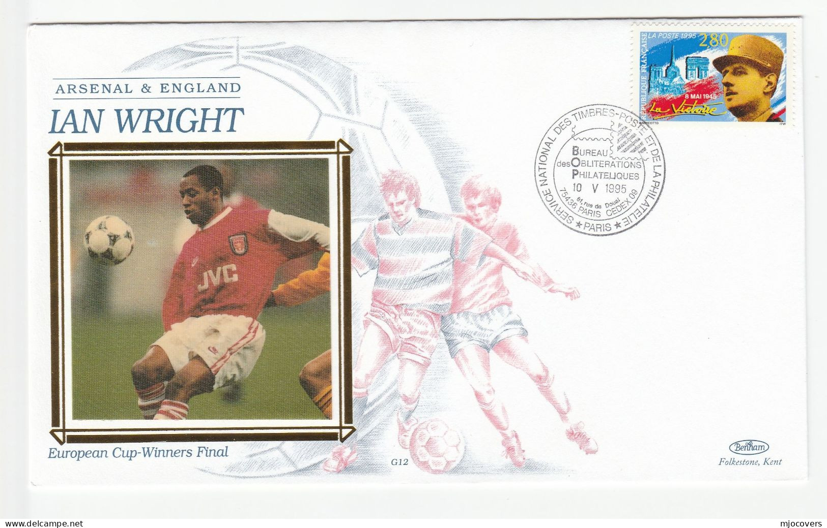 SOCCER Special SILK 1995 Ian Wright ARSENAL European CUP FINAL Event  COVER Paris FRANCE Stamps Sport Football - Club Mitici