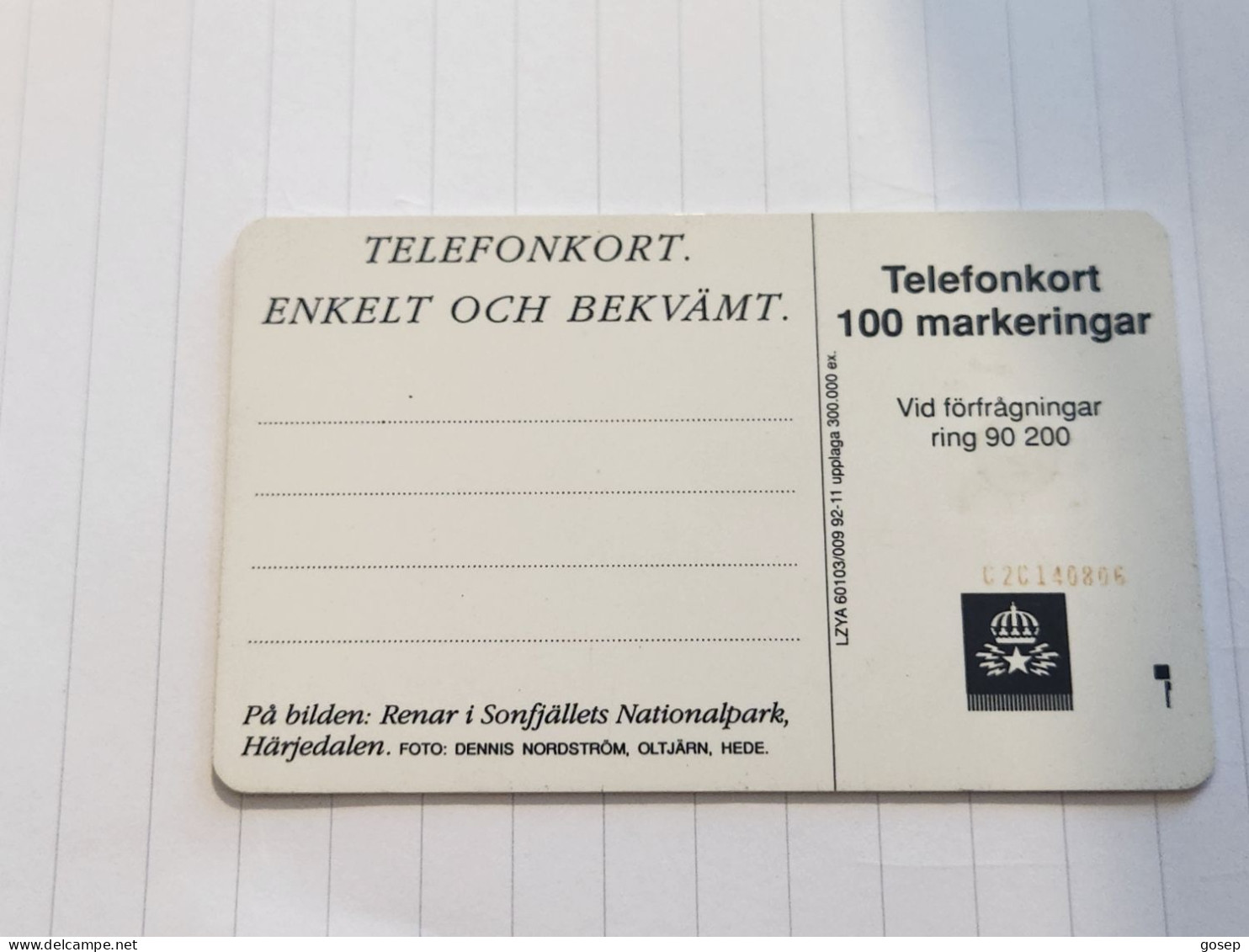 SWEDEN-(SE-TEL-100-0009)-Reindeer-Renar II-(28)(Telefonkort 100)(tirage-300.000)(C2C140806)-used Card+1card Prepiad Free - Sweden