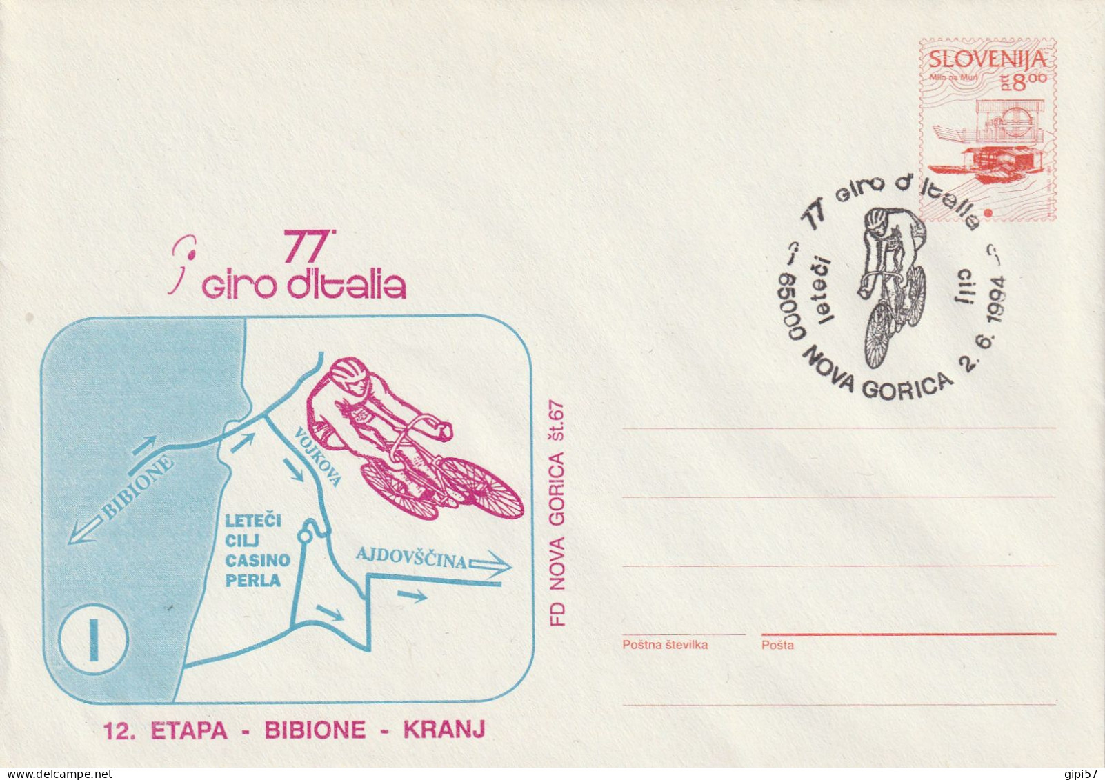 CICLISMO 77. GIRO D'ITALIA 1994 - TAPPA BIBIONE KRANJ SLOVENIA. ANNULLO SPECIALE NOVA GORICA SU BUSTA DEDICATA - Wielrennen