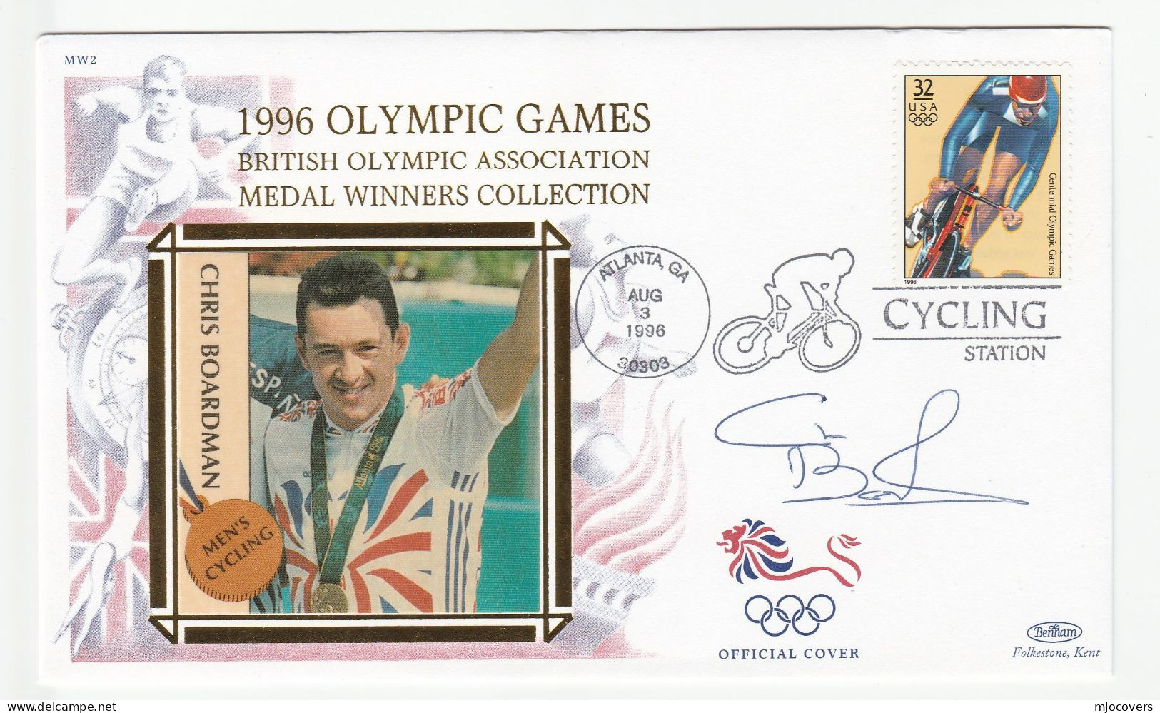 CYCLING Special SIGNED SILK  1996 Chris Boardman OLYMPICS Event COVER Atlanta USA Stamp Bicycle Bike Sport Olympic Games - Cycling