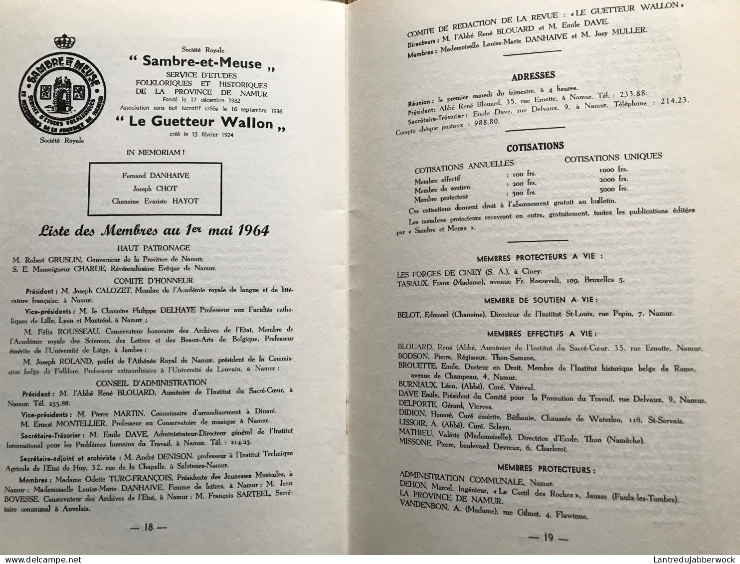 LE GUETTEUR WALLON Régionalisme Plaquette Commémorative Du 40è Anniversaire Société Royale Sambre Et Meuse 1924 1964 HS - Belgique