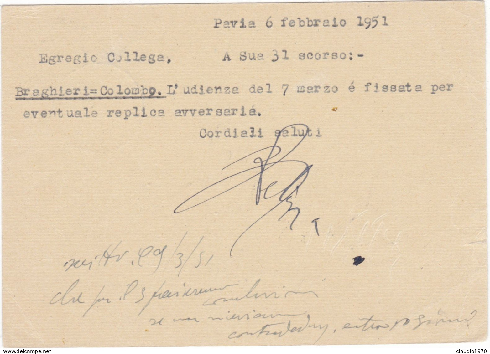 ITALIA - REPUBBLICA  - PAVIA - CARTOLINA POSTALE  -  AVV. - VIAGGIATA PER PICENZA - 1951 - Postwaardestukken