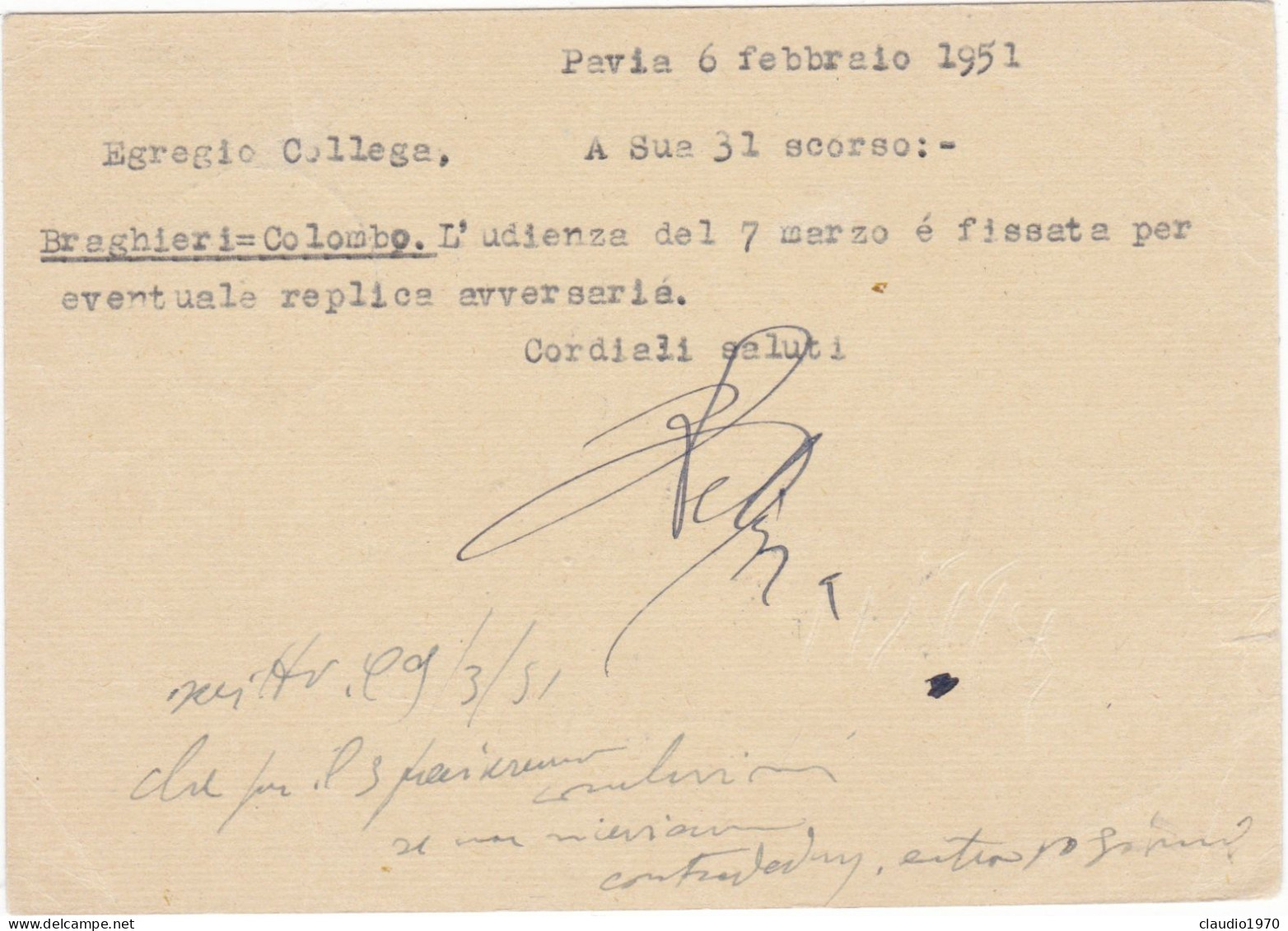 ITALIA - REPUBBLICA  - PAVIA - CARTOLINA POSTALE  -  AVV. - VIAGGIATA PER PICENZA - 1951 - Stamped Stationery