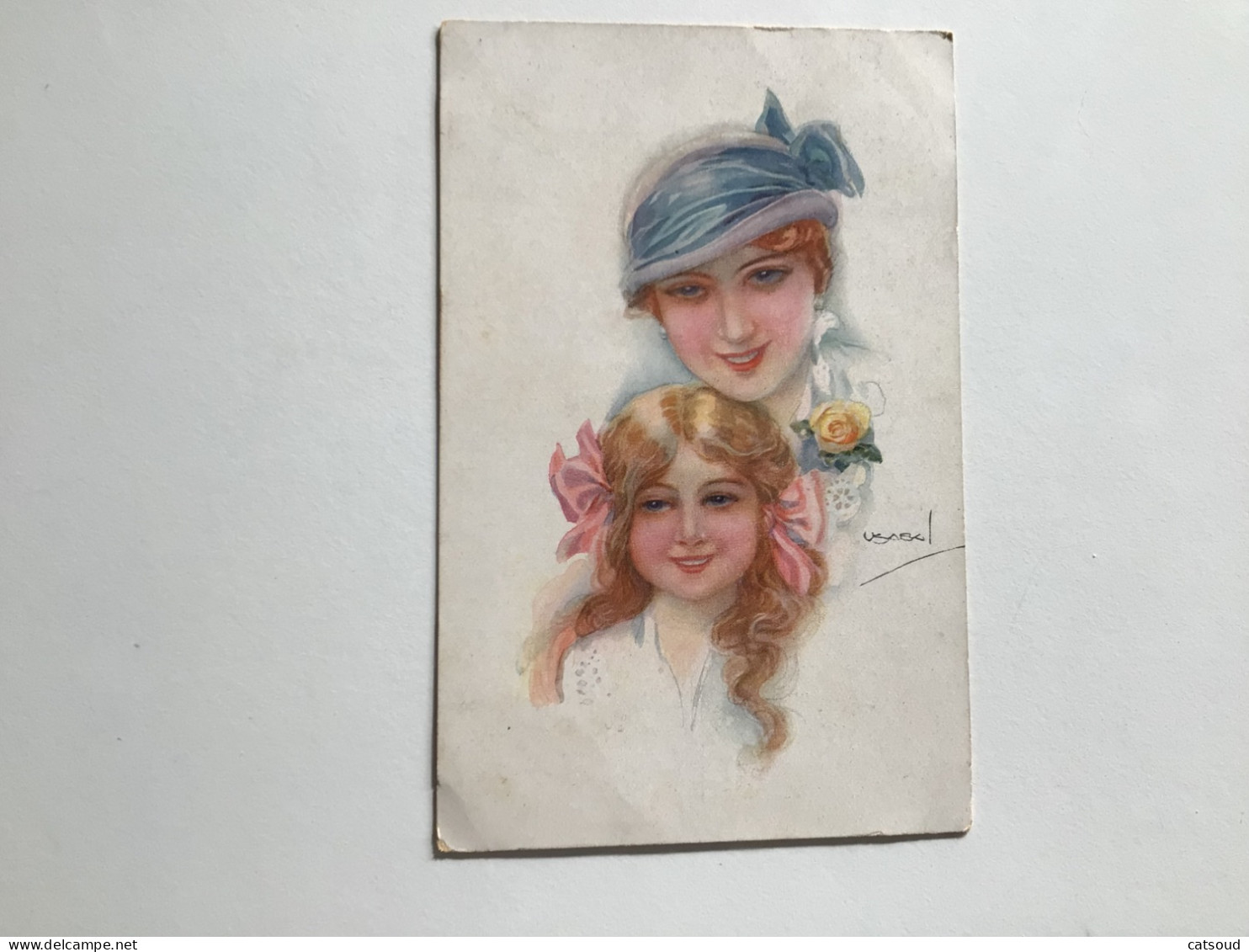 Carte Postale Ancienne (1921) Signée Usabal Portrait D’une Mère Et Sa Fille Erkal N°329/3 - Usabal