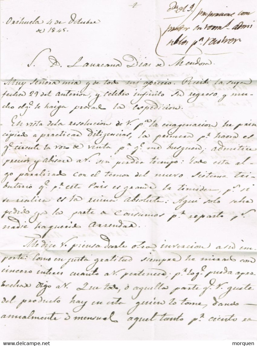 54765. Carta Entera Prefilatelica ORIHUELA (Murcia) 1845. Fechador Baeza, Porteo 1 Real - ...-1850 Préphilatélie