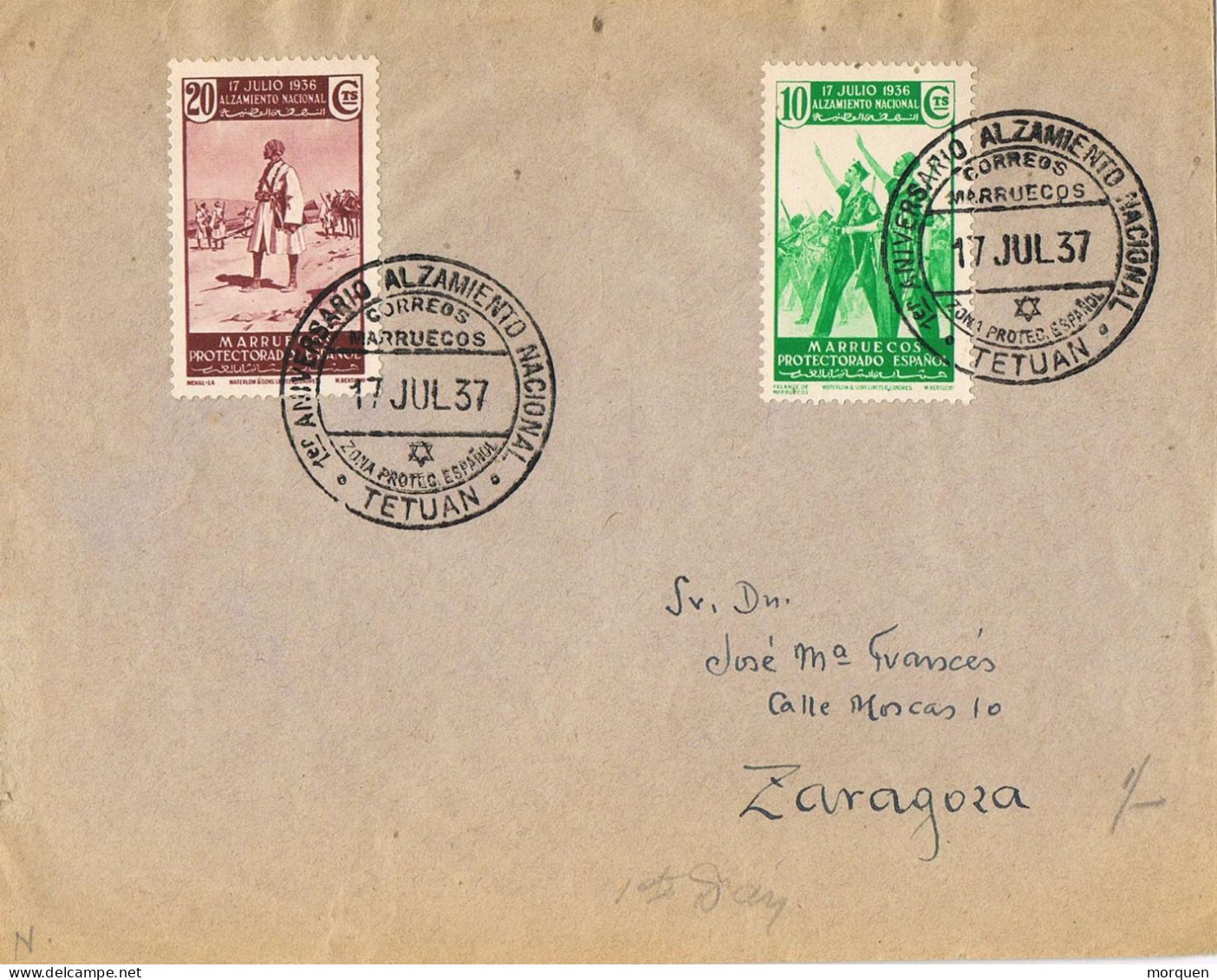 54766. Carta TETUAN (Marruecos Español) 1937. Guerra Civil, Sin CENSURA, 1º Aniversario Alzamiento - Marocco Spagnolo