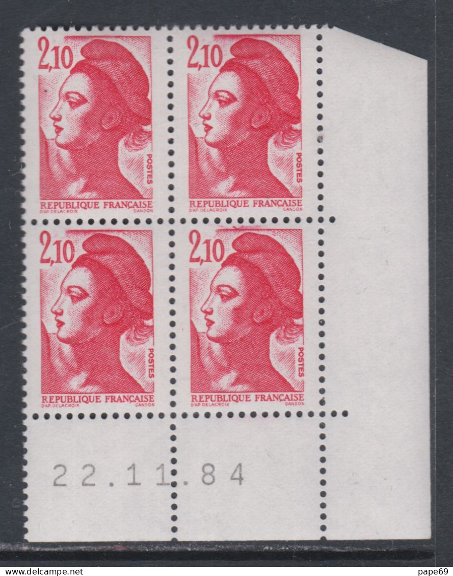 France Type Liberté N° 2319 XX : 2 F. 10 Rouge  En Bloc De 4 Coin Daté Du 22 . 11 . 84 ; Gomme Légèrement Altérée  TB - 1980-1989