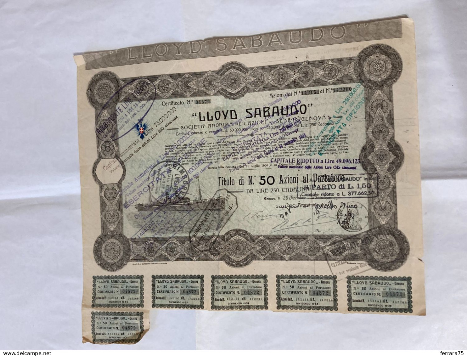 CERTIFICATO LLOYD SABAUDO SOCIETà ANONIMA PER AZIONI GENOVA 1906. - Altri & Non Classificati