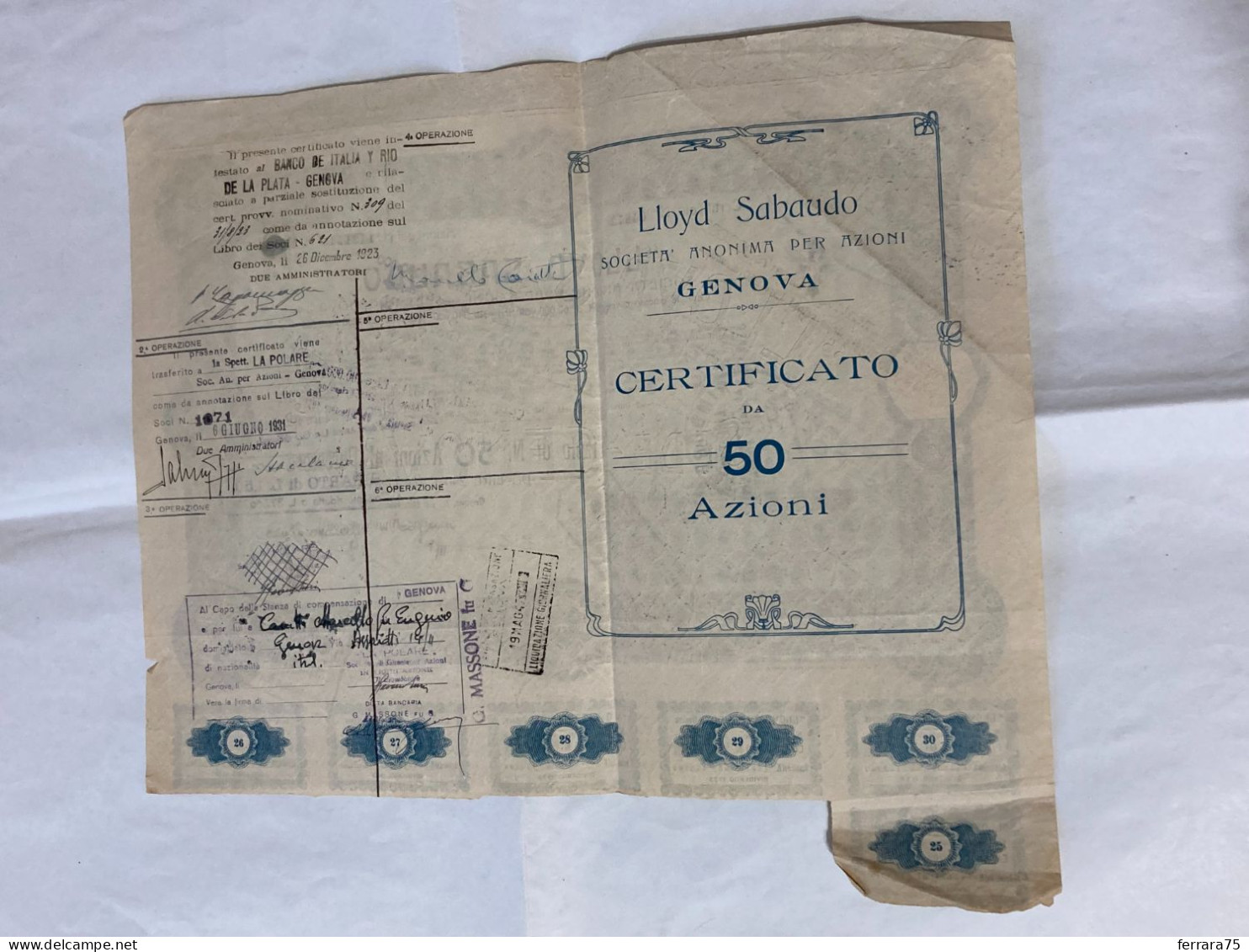 CERTIFICATO LLOYD SABAUDO SOCIETà ANONIMA PER AZIONI GENOVA 1906. - Otros & Sin Clasificación