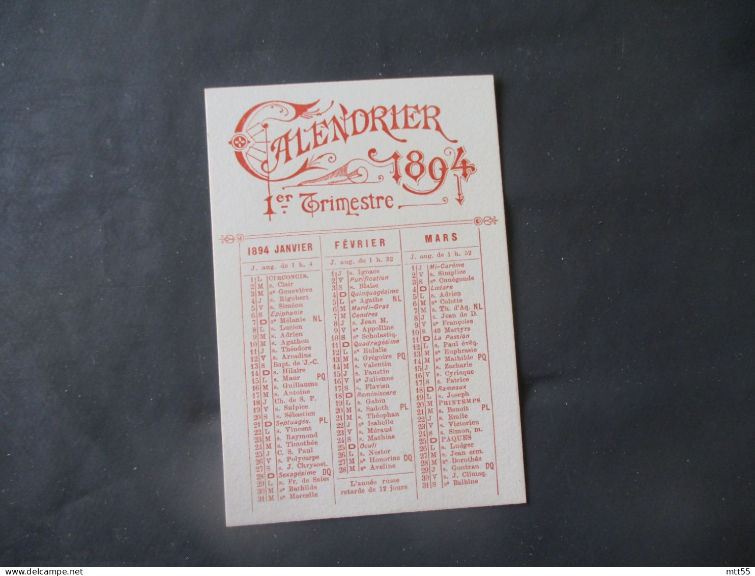 CALENDRIER 1894  PHOSPHATINE FALIERES - Small : ...-1900