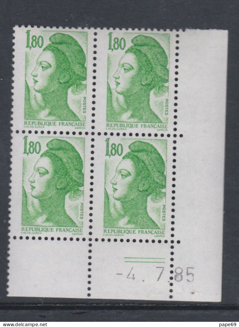 France Type Liberté N° 2375 XX :  1 F. 80  Vert  En Bloc De 4 Coin Daté Du 4 . 7 . 85 ;  2 Traits, Sans Charnière TB - 1980-1989