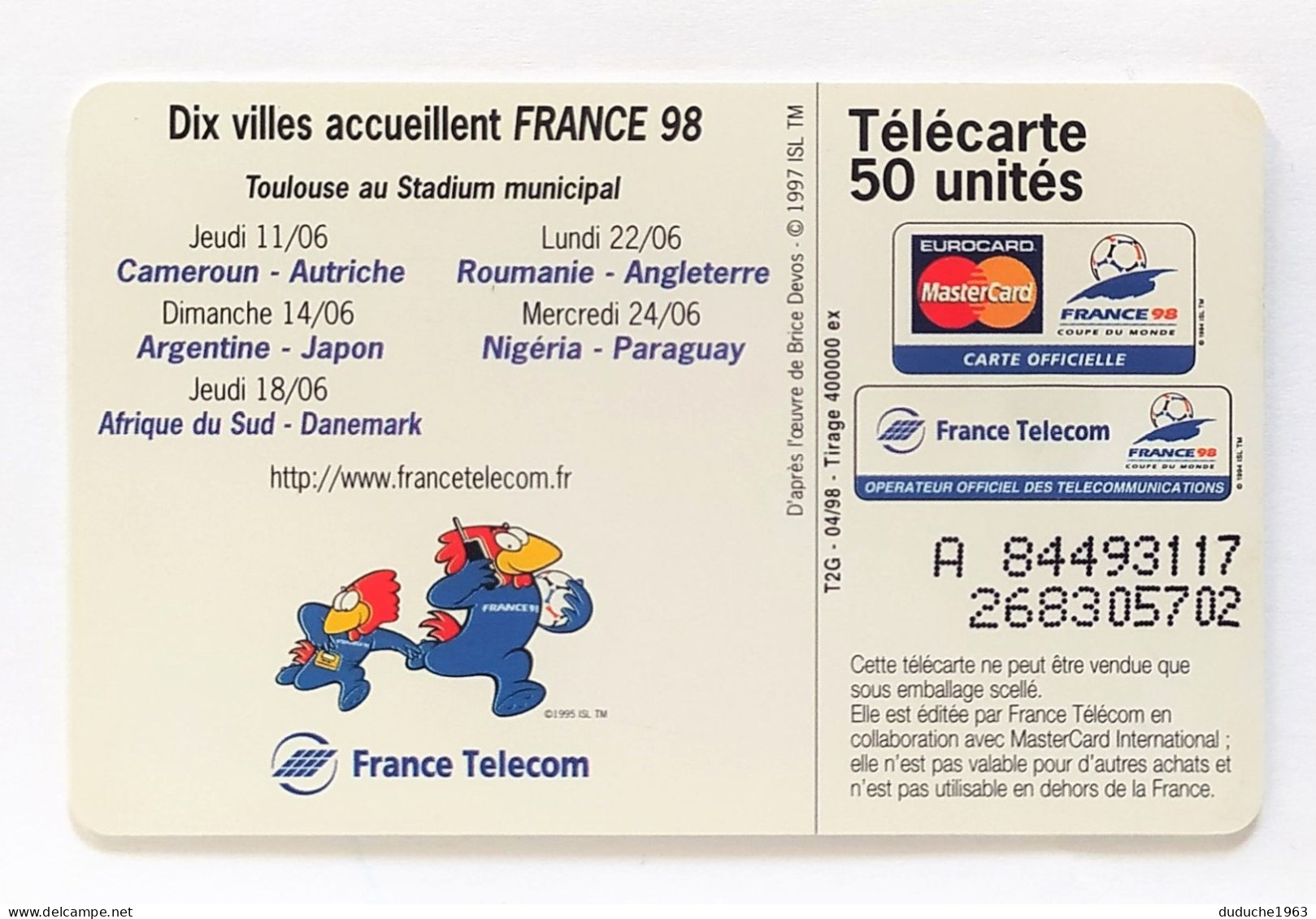 Télécarte France - France 98. Toulouse Stadium Municipal - Ohne Zuordnung