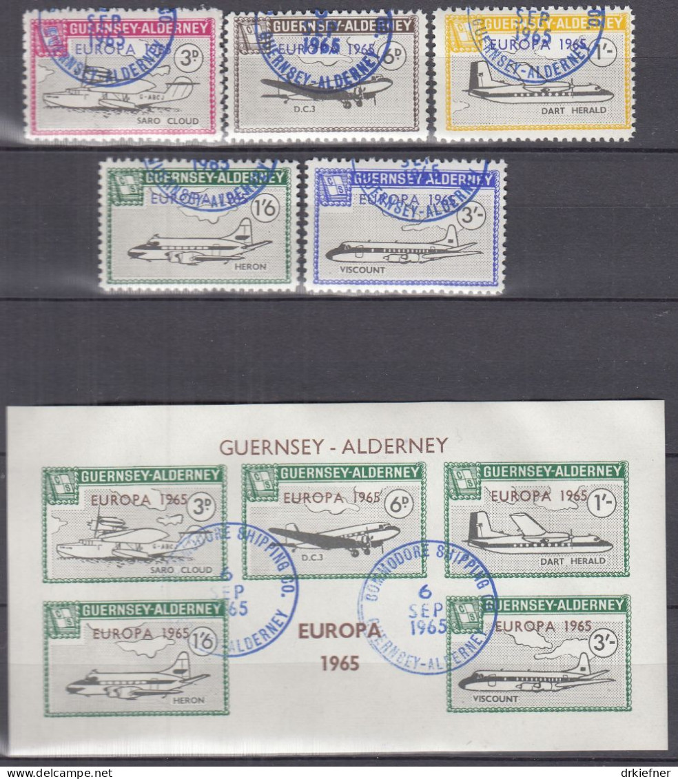 INSEL ALDERNEY (Guernsey), Nichtamtl. Briefmarken, 1 Block + 5 Marken, Gestempelt, Europa 1965, Flugzeuge, Luftfahrt - Alderney