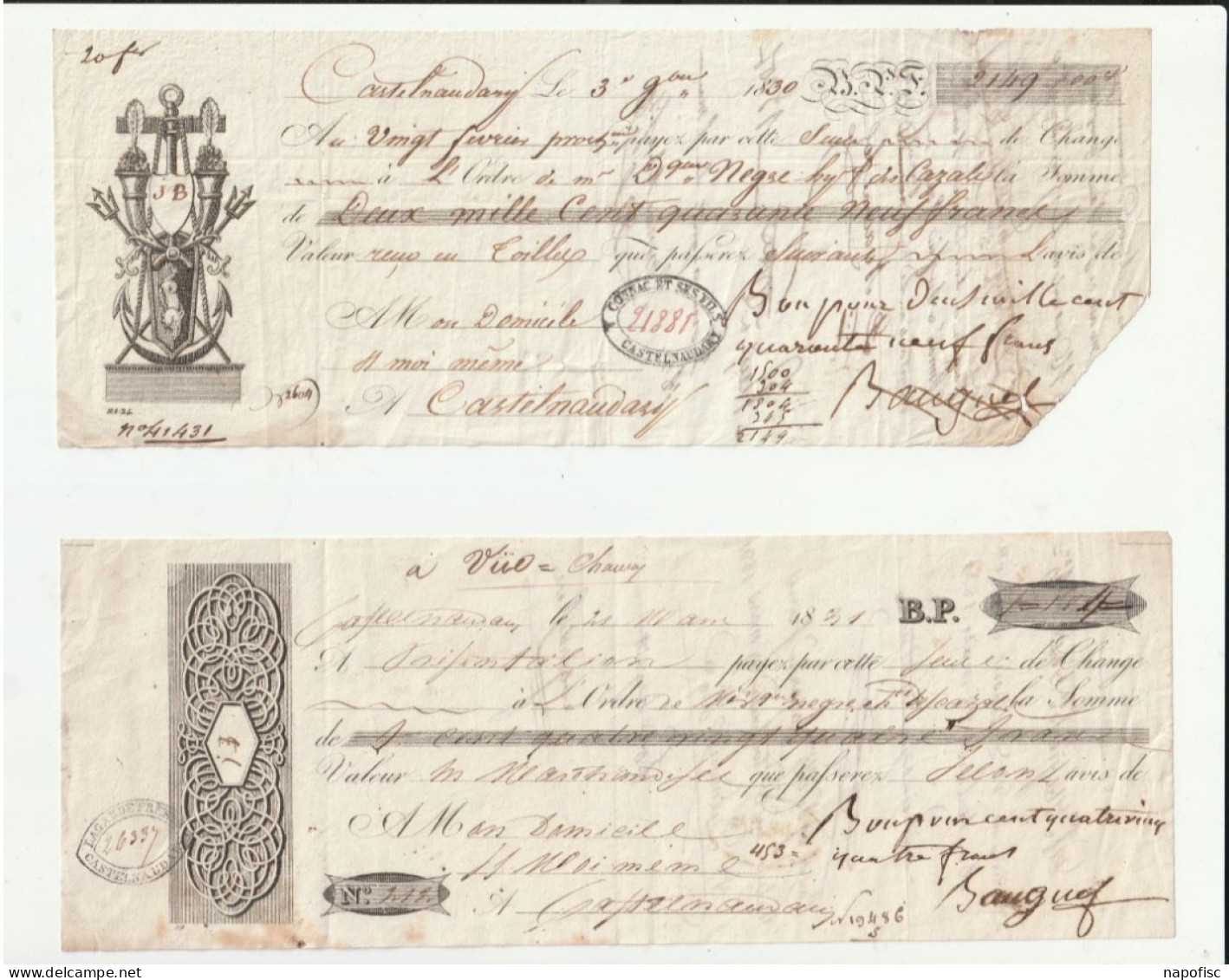 11-2 Lettres De Change..Nègre & Cazale. ...Toiles......Castelnaudary....(Aude)...1830/1831 - Textile & Vestimentaire