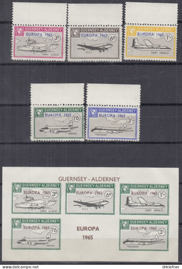 INSEL ALDERNEY (Guernsey), Nichtamtl. Briefmarken, 1 Block + 5 Marken, Postfrisch **, Europa 1965, Flugzeuge, Luftfahrt - Alderney