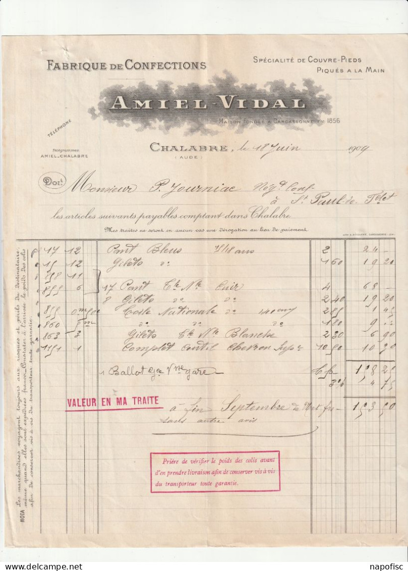 11-A.Vidal...Fabrique De Confections, Spécialité De Couvre-Pieds...Chalabre...(Aude)...1909 - Vestiario & Tessile