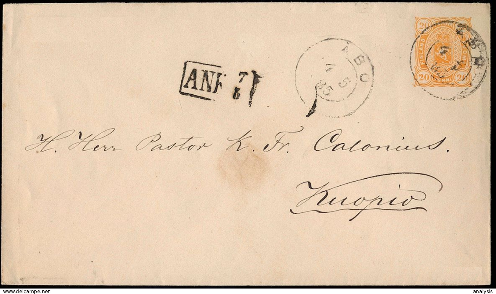 Finland Abo Turku 20P Postal Stationery Cover Mailed To Kuopio 1885. Russia Empire - Briefe U. Dokumente