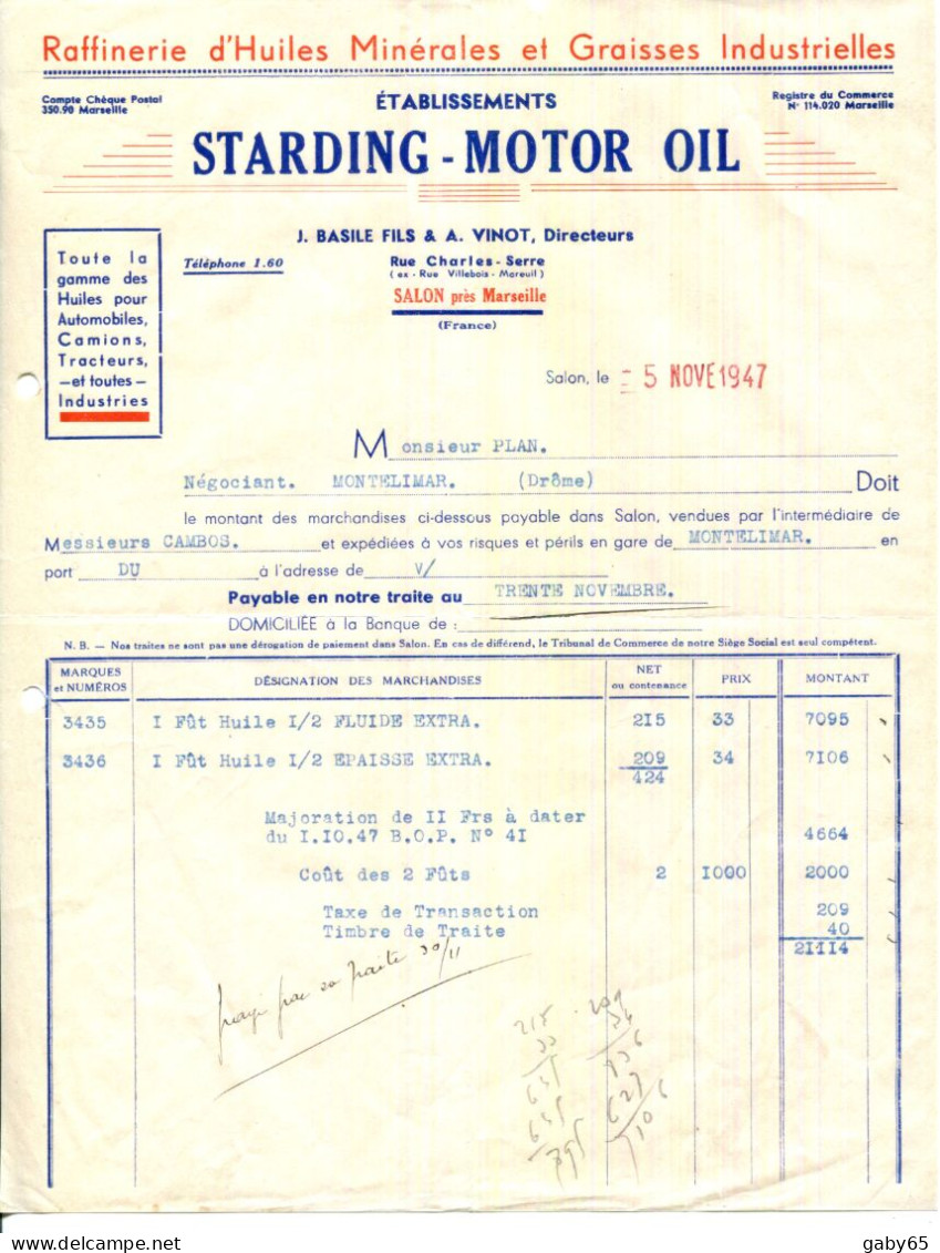 FACTURE.13.SALON DE PROVENCE.RAFFINERIE D'HUILES MINÉRALES & GRAISSES.Ets.STARDING-MOTOR OIL. - Cars