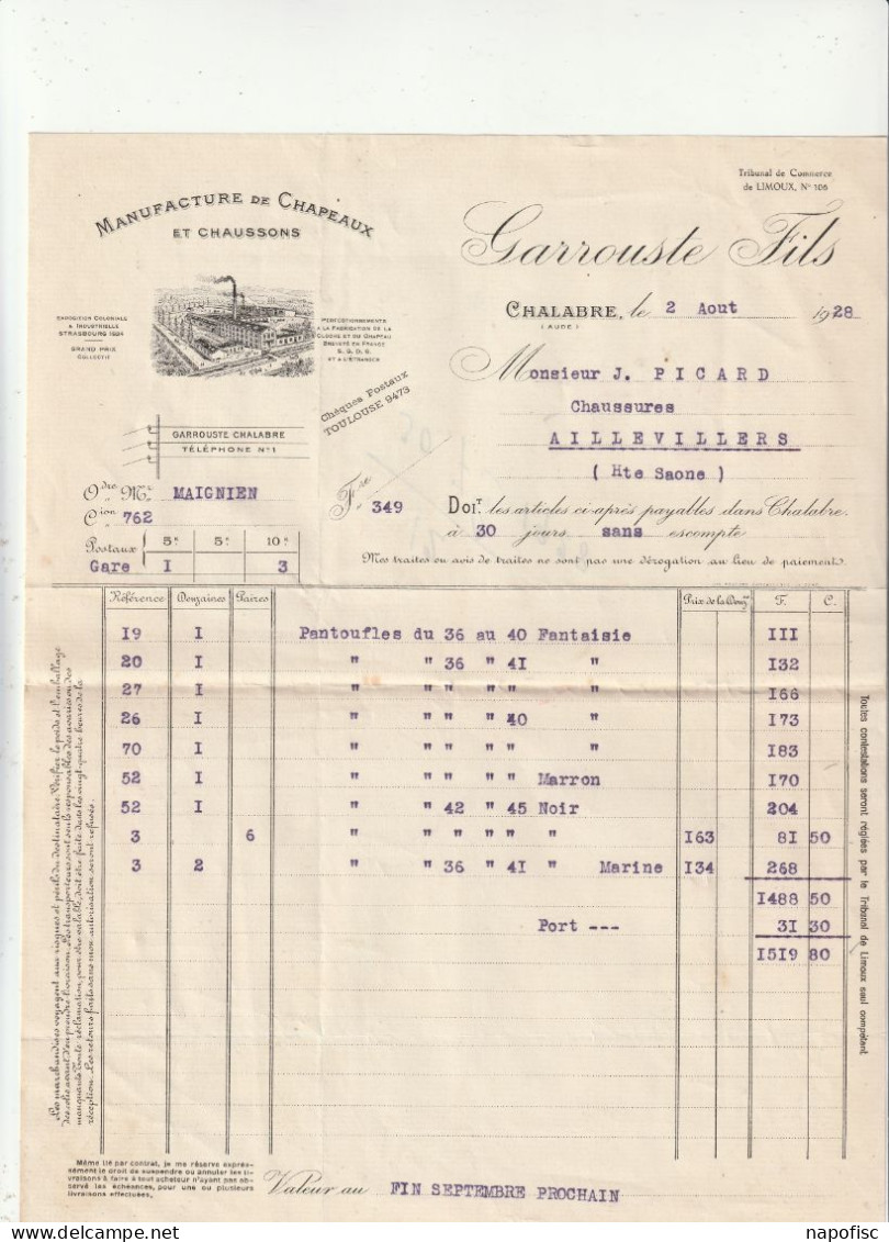 11-Garrouste Fils..Manufacture De Chapeaux & Chaussons....Chalabre...(Aude)...1928 - Vestiario & Tessile