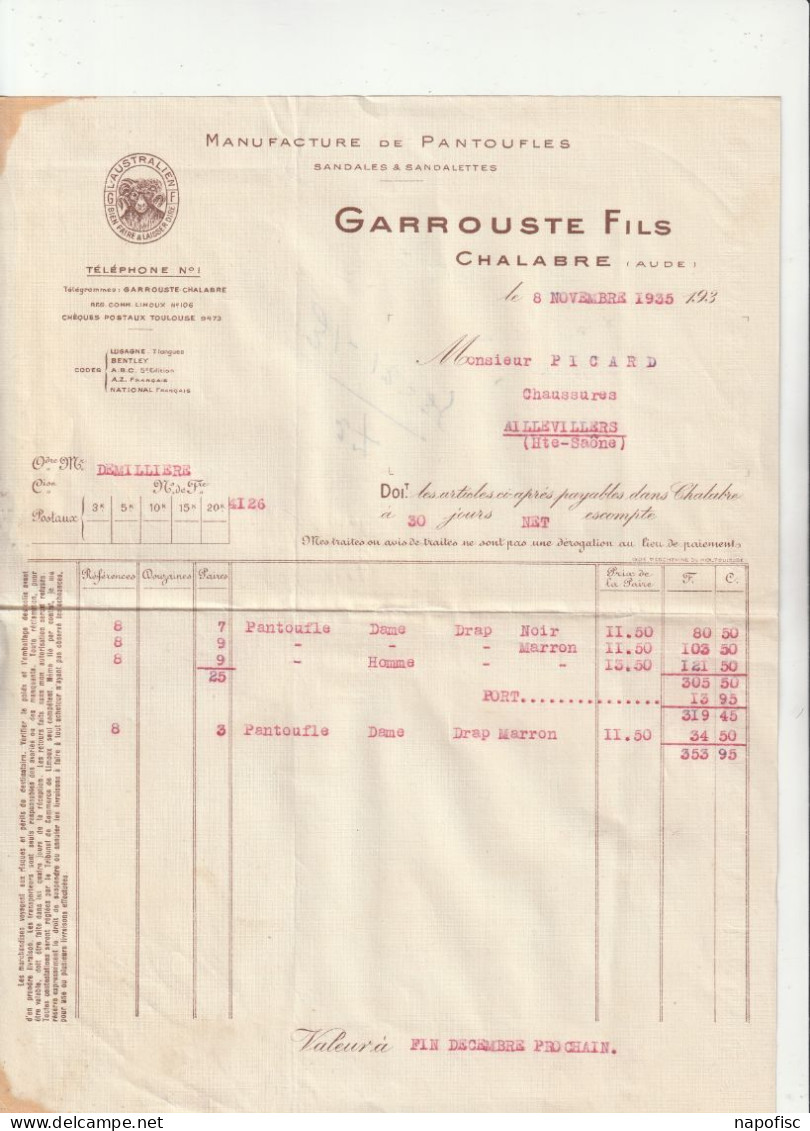 11-Garrouste Fils.....Manufacture De Pantoufles..Chalabre...(Aude)...1935 - Textile & Vestimentaire