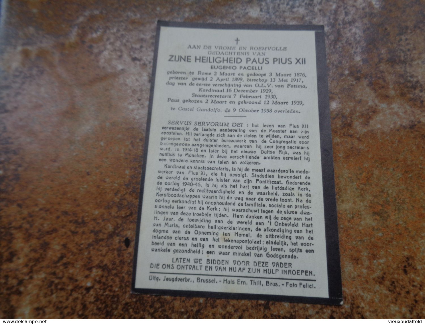 Doodsprentje/Bidprentje  ZIJNE HEILIGHEID PAUS PIUS XII  (Eugenio PACELLI)  Rome1876-1958 Castel Gandolfo - Religion & Esotérisme