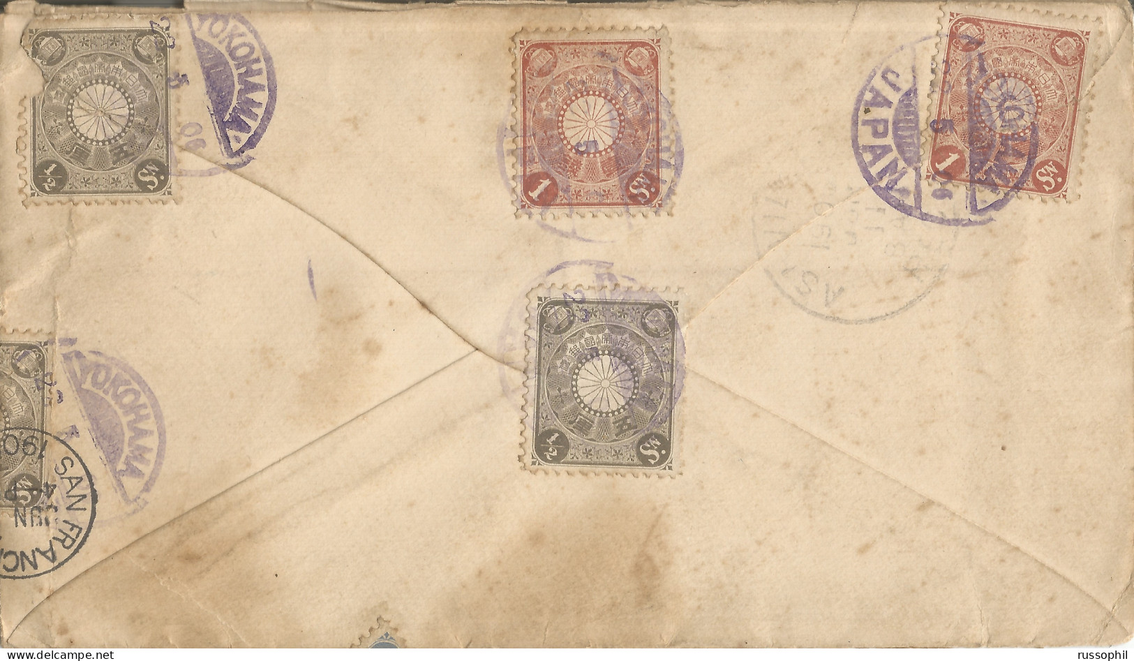 JAPAN - SPECTACULAR 20 SEN 21 STAMP FOUR COLOUR FRANKING ON COVER FROM YOKOHAMA TO THE US - 1906 - Lettres & Documents