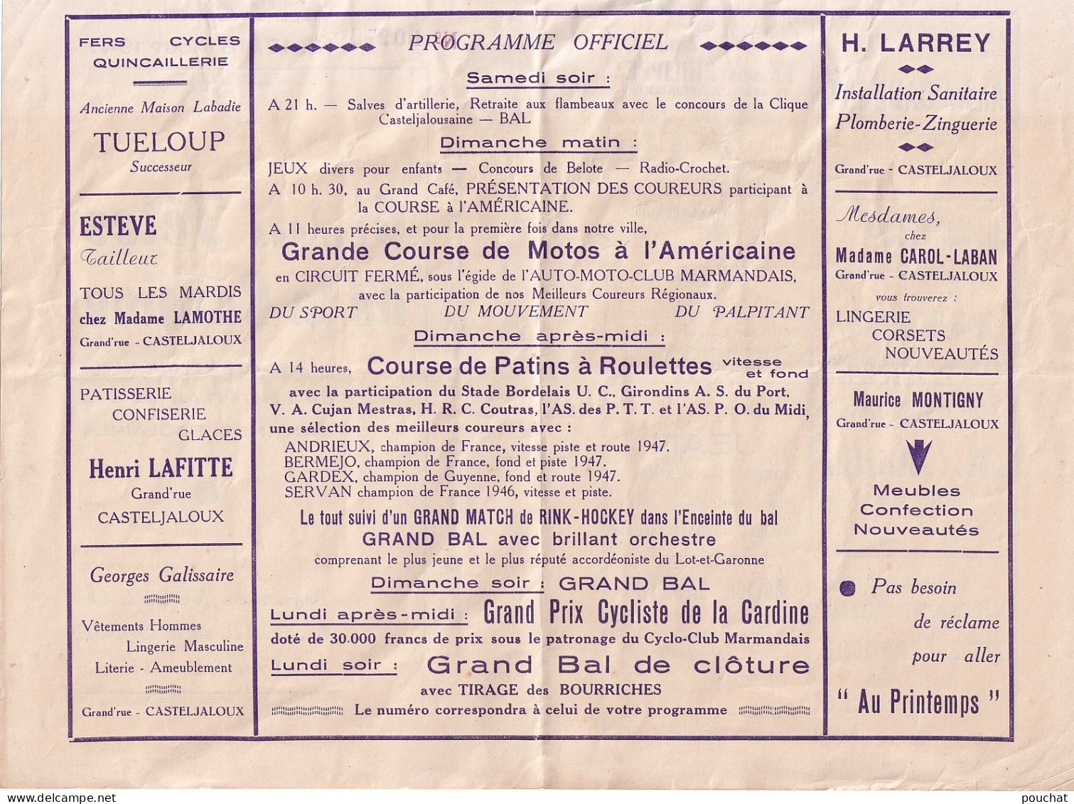 VILLE DE CASTELJALOUX - GRANDES FETES DE LA CARDINE - 18 AOUT 1947 - HOPITAL - CANTINES - SCOLAIRES - ENCARTS PUB  - Programme