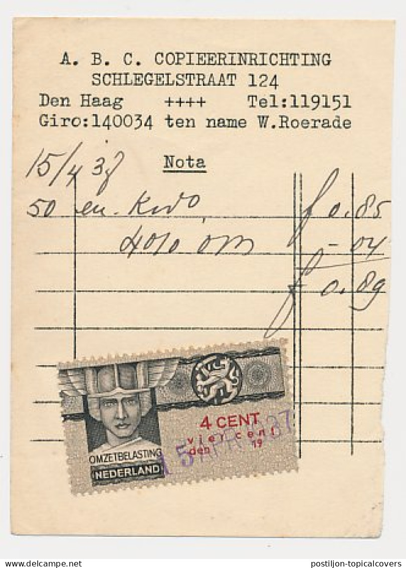 Omzetbelasting 4 CENT - Den Haag 1937 - Fiscaux