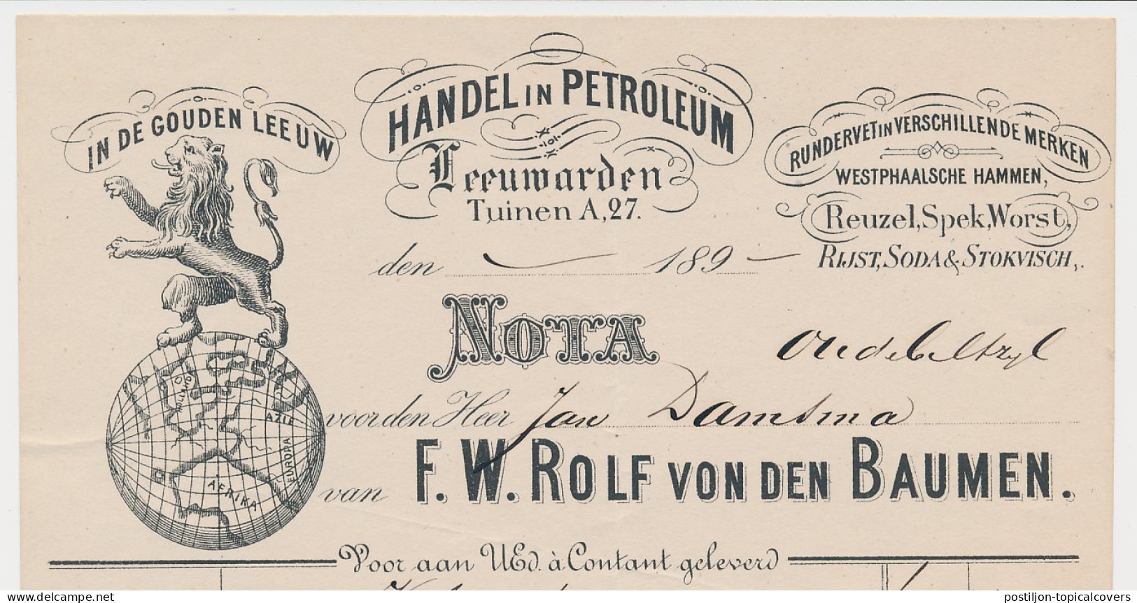 Nota Leeuwarden 1891 - De Gouden Leeuw - Globe - Petroleum  - Netherlands