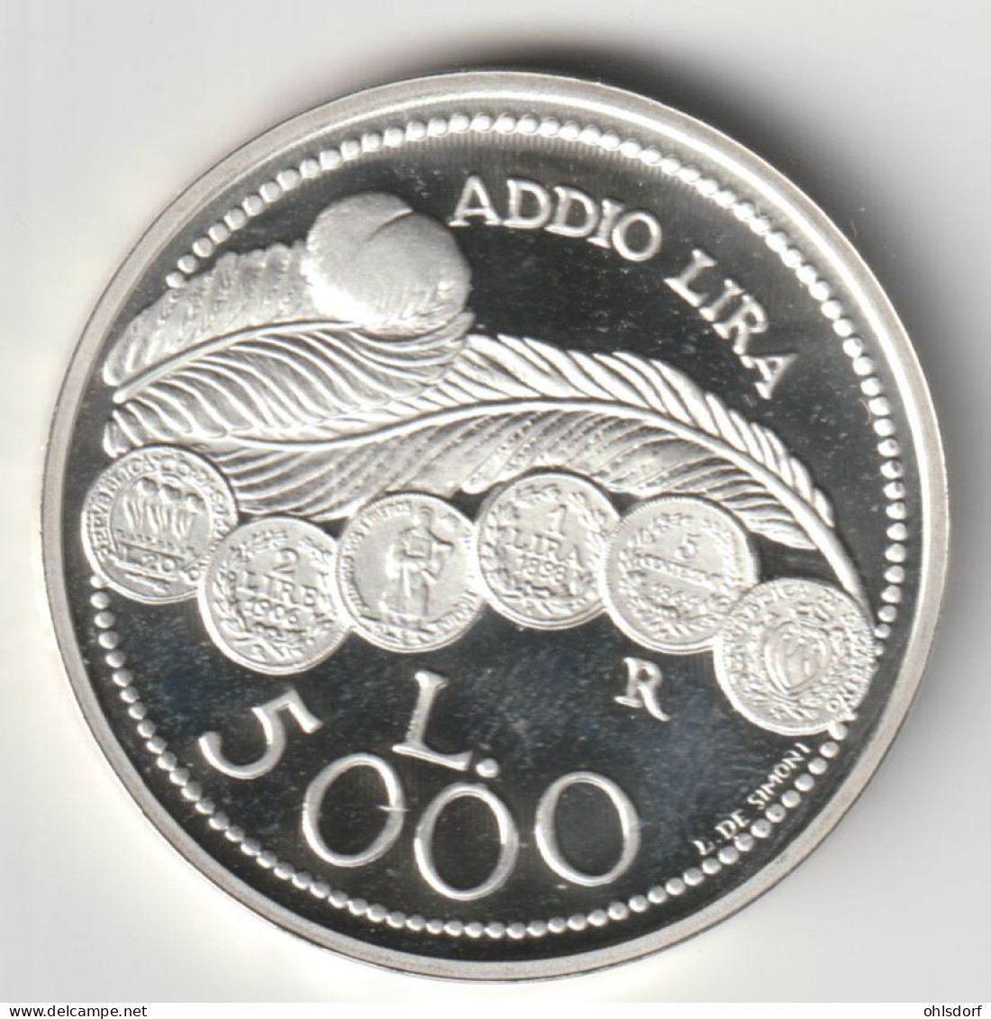 SAN MARINO 2001: 5000 Lire, Addio Lira, Silver, KM 436 - San Marino