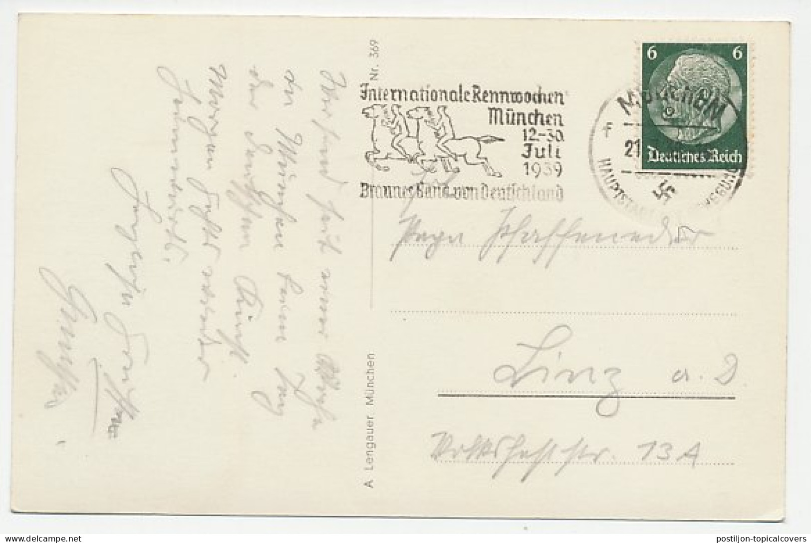 Card / Postmark Germany 1939 International Horse Races Munchen - Paardensport