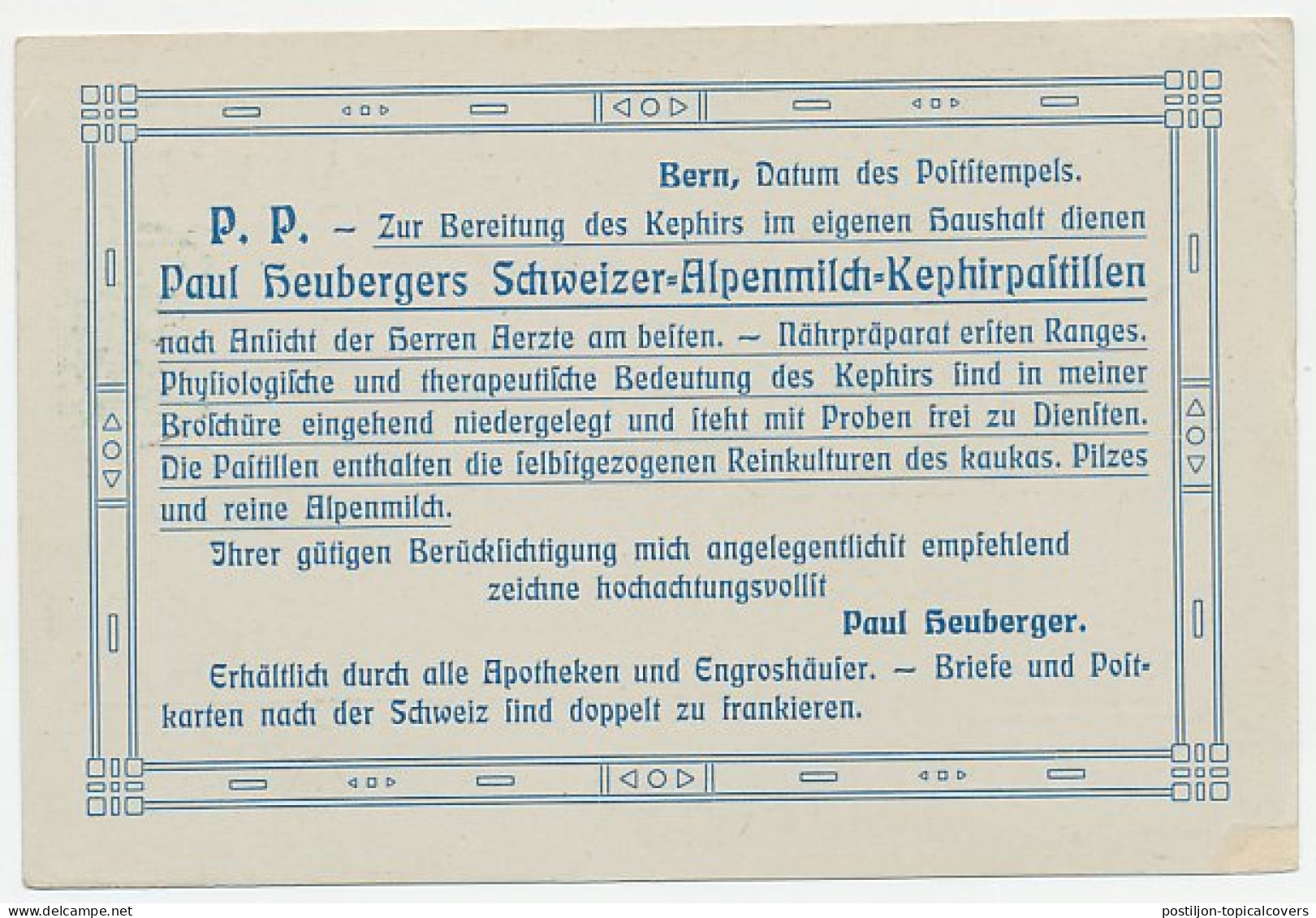 Postal Stationery Switzerland 1909 Kephir Pastilles - Mushroom - Alpine Milk - Farmacia